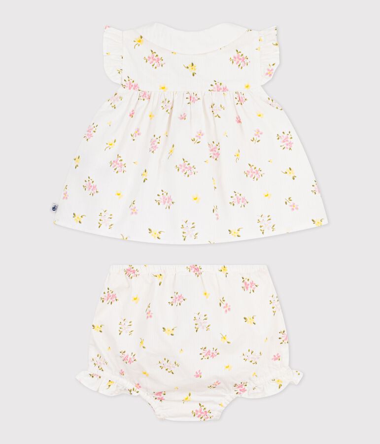 Babies' 2-piece cotton outfit, comprising  blouse and bloomers with a floral print MARSHMALLOW white/MULTICO white