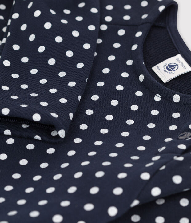 Girls' Long-Sleeved Spotted Fleece Dress blue/ecru