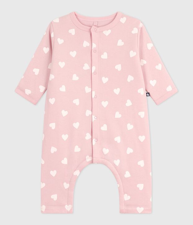 Babies' padded heart-print cotton playsuit. pink/ecru