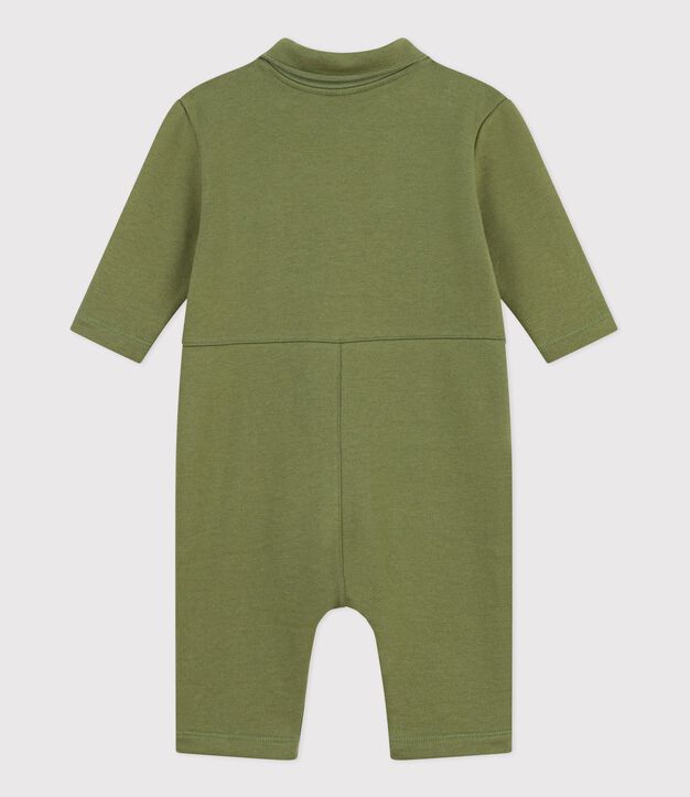 Babies' long plain cotton jumpsuit OLIVINE