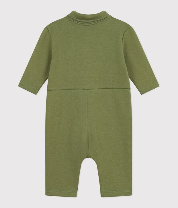 Babies' long plain cotton jumpsuit OLIVINE