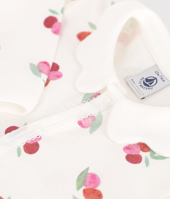Babies' footless fruit patterned cotton pyjamas with a petal collar MARSHMALLOW white/MULTICO white