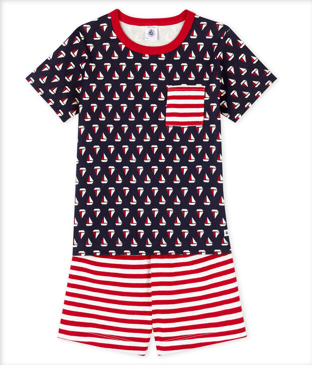 Boys' cropped ribbed pyjamas blue/multicolor