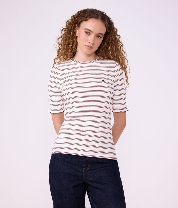 Women's short-sleeved stripy cotton T-shirt white/red
