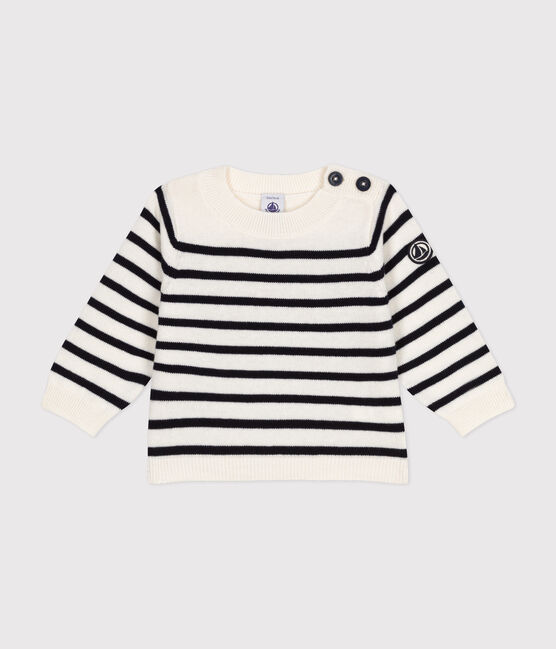 Babies' jumper in a wool and cotton knit MARSHMALLOW white/SMOKING blue