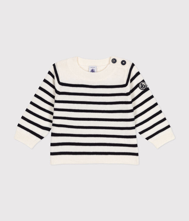 Babies' jumper in a wool and cotton knit white/blue