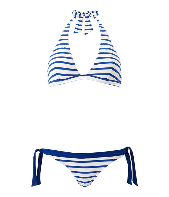 Women's striped two-piece swimsuit MARSHMALLOW white/PERSE blue