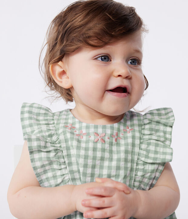 Babies' sleeveless cotton rompers with a gingham print and an embroidered collar green/white
