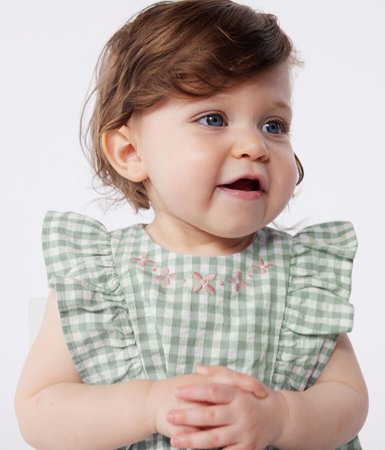 Babies' sleeveless cotton rompers with a gingham print and an embroidered collar green/white