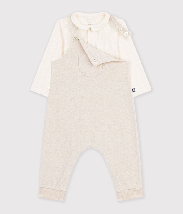 Babies' plain dungarees and body set in cotton with a collar Ecru/ecru