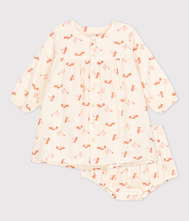 Babies' Bird Patterned Cotton Gauze Dress With Bloomers Ecru/multicolor