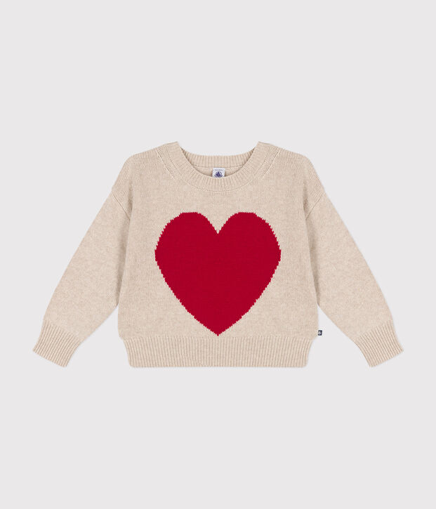 Girls' wool and cotton jumper Ecru/red