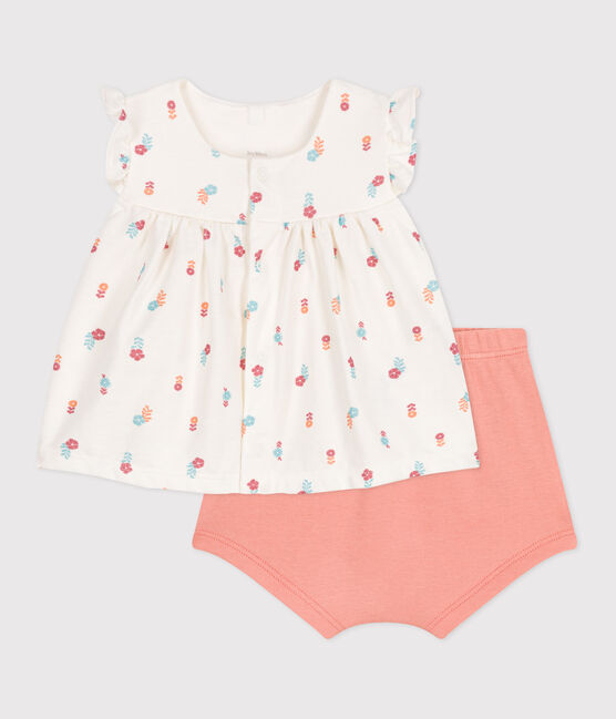 Newborn babies' two-piece cotton set with a ruffled blouse MARSHMALLOW white/MULTICO white