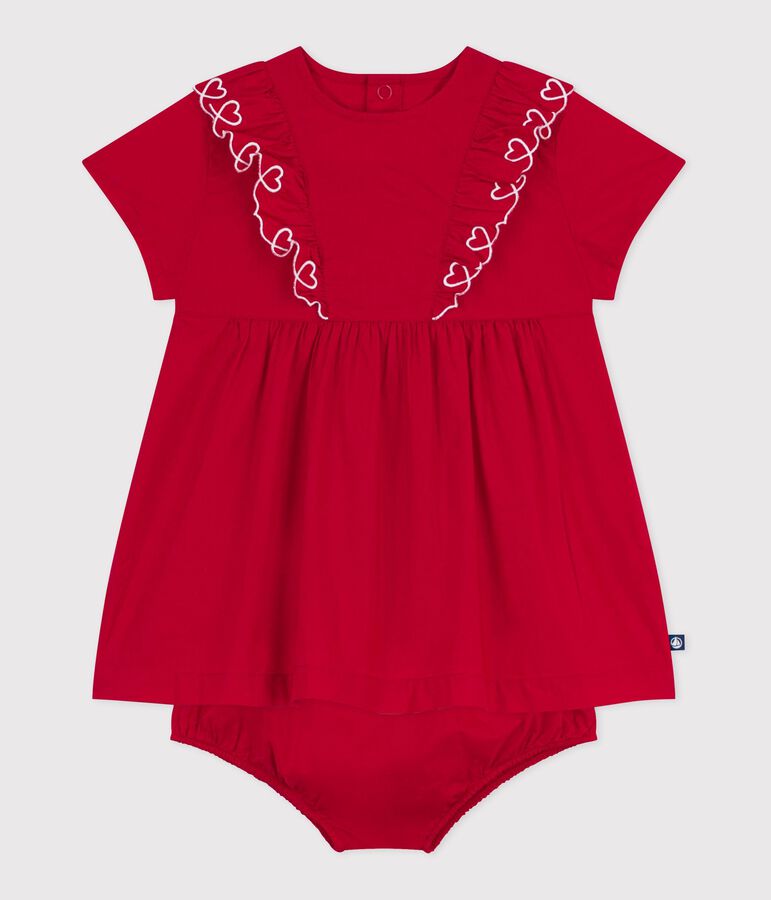 Babies' short-sleeved plain cotton dress with matching bloomers red