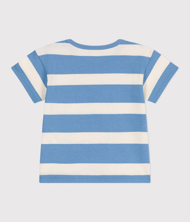Babies' short-sleeved stripy cotton T-shirt blue/ecru