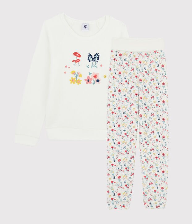 Girls' High-waisted Pyjamas in Brushed Terry Towelling white/multicolor