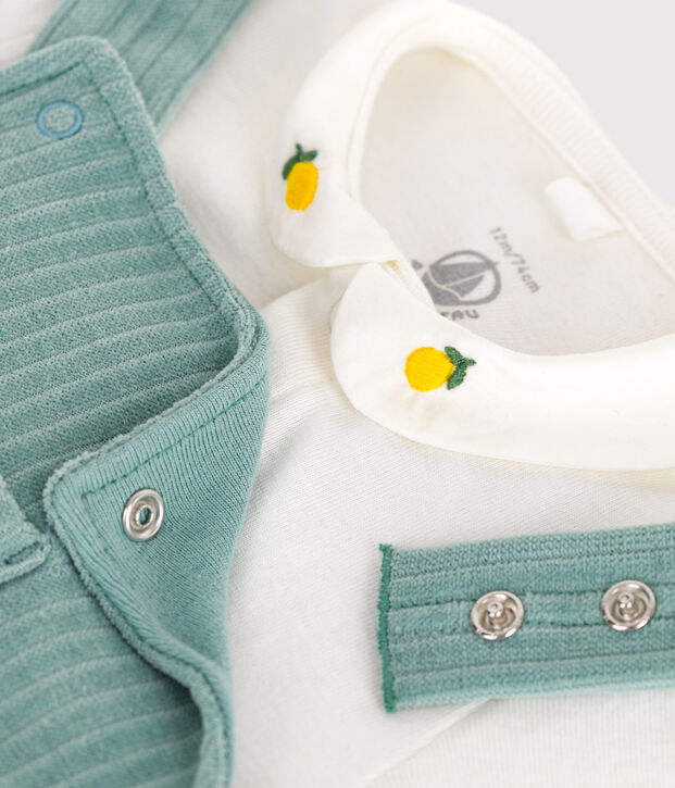 Newborn baby set with dungarees and an embroidered cotton body green