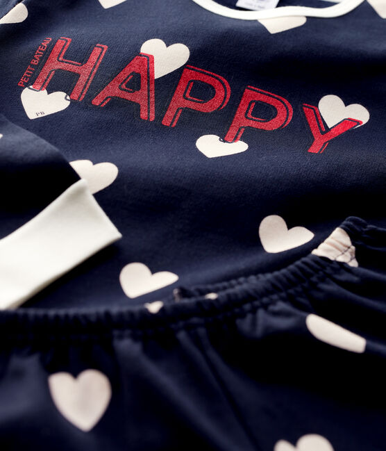 Girls' Heart Print Fleece Pyjamas SMOKING blue/MARSHMALLOW white
