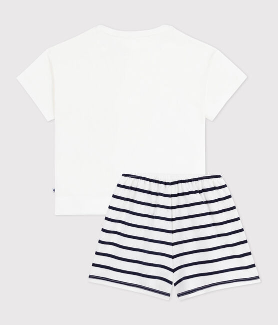 Children's short pajamas in cotton with heart print MARSHMALLOW white/SMOKING blue