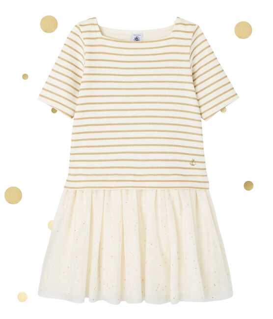Girl's dual fabric dress with shiny stripes COQUILLE beige/LUREX DORE yellow