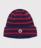Children's stripy knitted beanie hat lined in polar fleece blue/red