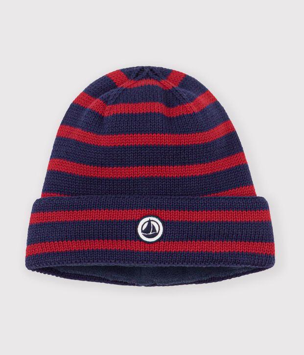 Children's stripy knitted beanie hat lined in polar fleece blue/red