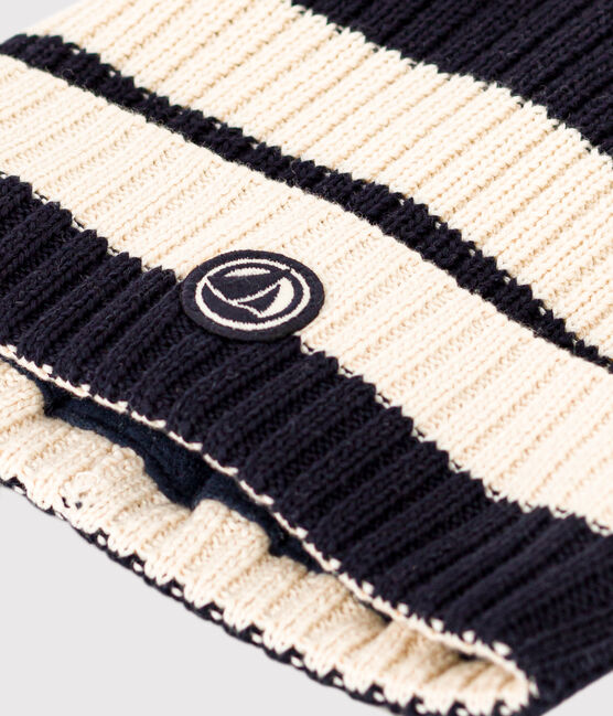 Children's Breton stripe knitted beanie hat lined in polar fleece SMOKING blue/AVALANCHE
