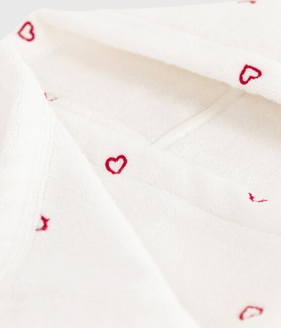 Babies' terry bath cape with embroidered hearts MARSHMALLOW white/CHARME pink