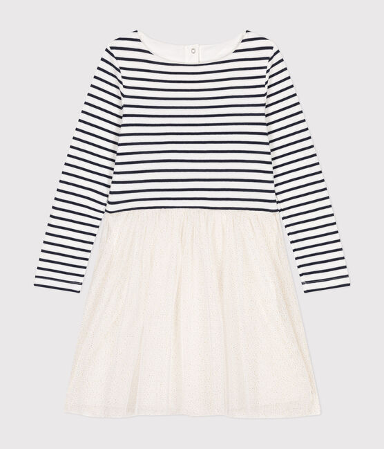 Girls' dress in tube knit and tulle MARSHMALLOW white/MULTICO white