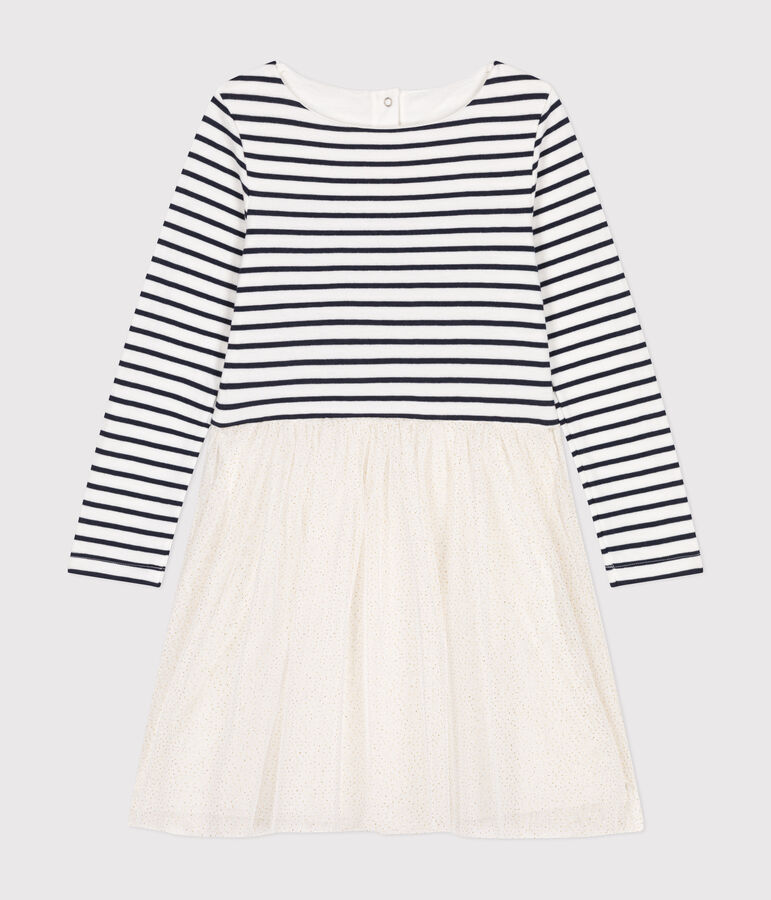 Girls' dress in tube knit and tulle MARSHMALLOW white/MULTICO white