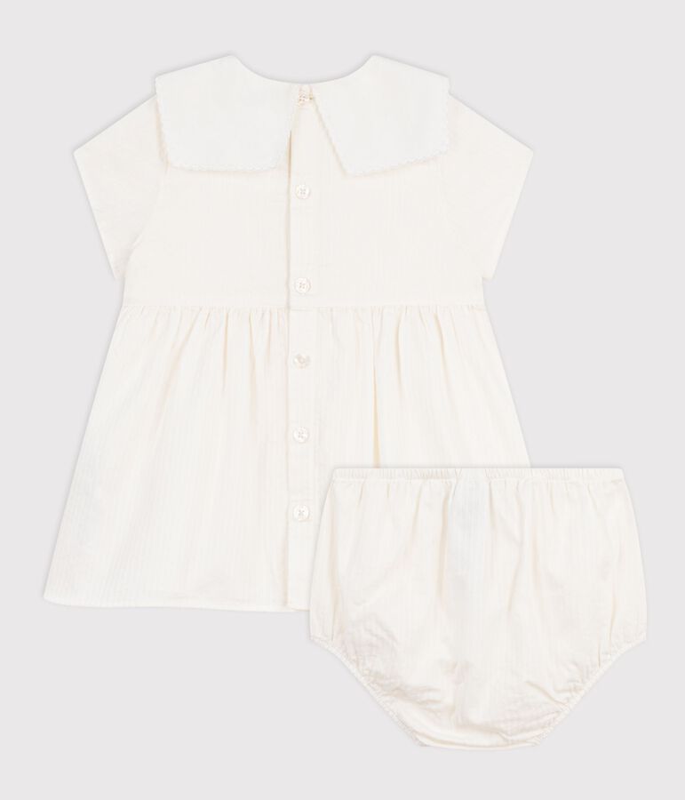 Babies' dress in cotton/linen with short sleeves and bloomers MARSHMALLOW white