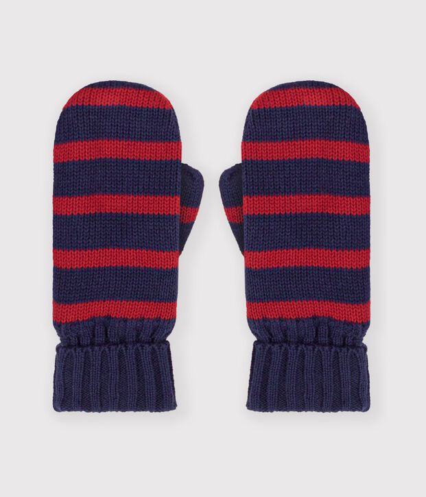 Children's stripy knitted polar fleece-lined mittens blue/red