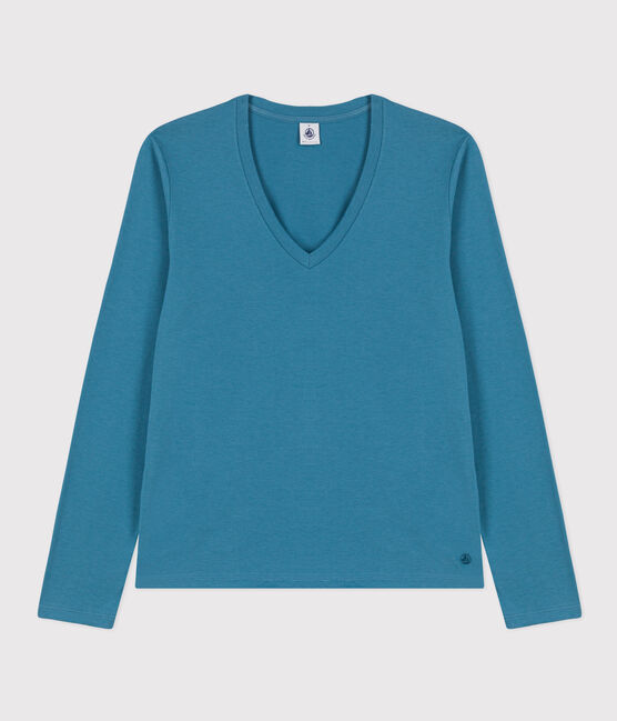 Women's Straight V-Neck Cotton T-Shirt POLOCHON blue