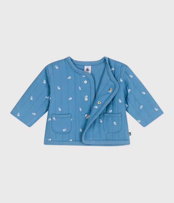 Babies' quilted cotton jacket, printed with little flowers ALASKA blue/MARSHMALLOW white