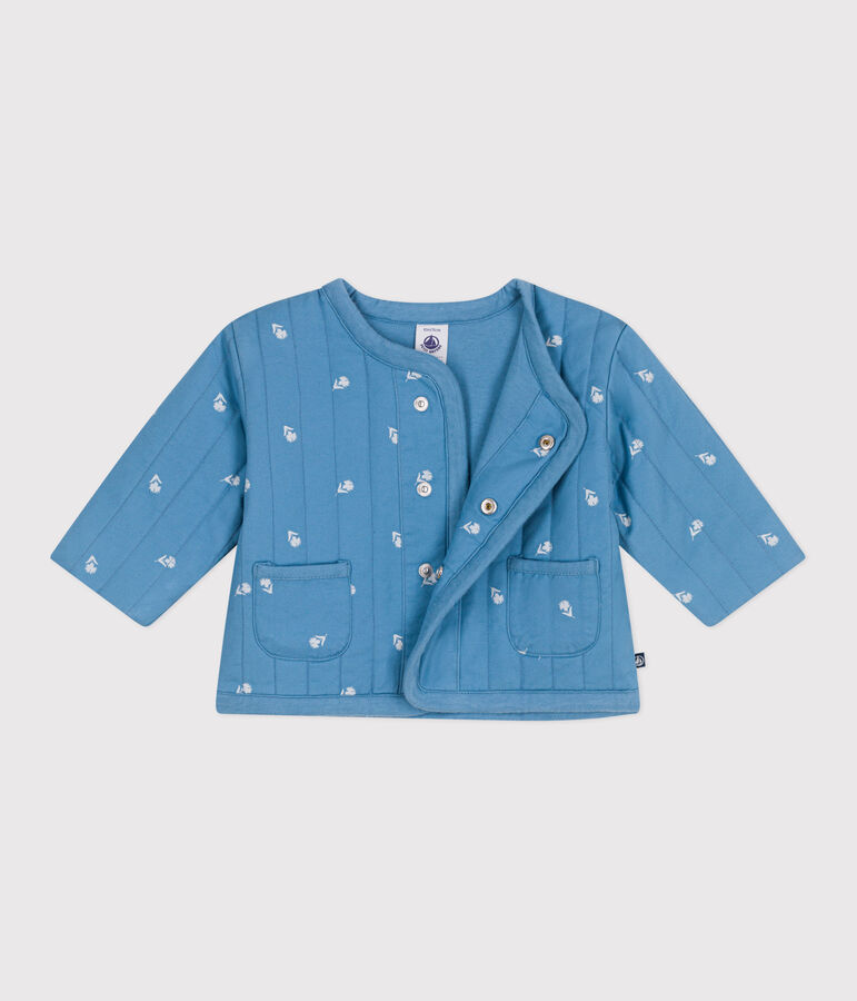 Babies' quilted cotton jacket, printed with little flowers ALASKA blue/MARSHMALLOW white