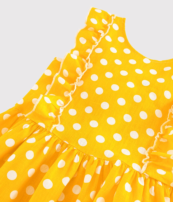 Girls' Short-Sleeved Linen Dress SHINE yellow/MARSHMALLOW white