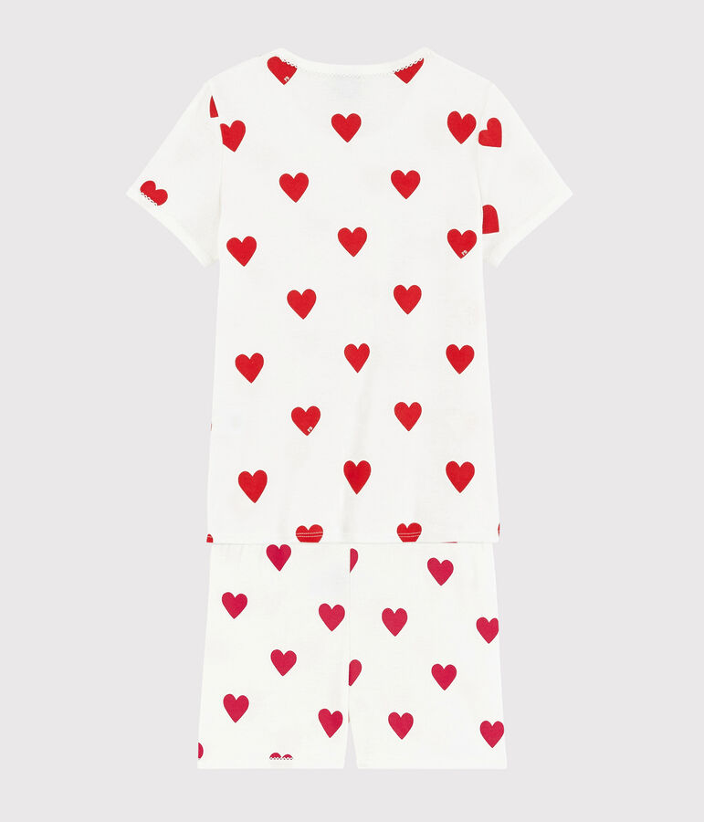 Girls' Heart Patterned Cotton Short Pyjamas MARSHMALLOW white/TERKUIT red