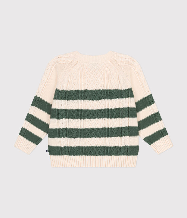Children's Stripy Cotton Aran Pullover Ecru/green