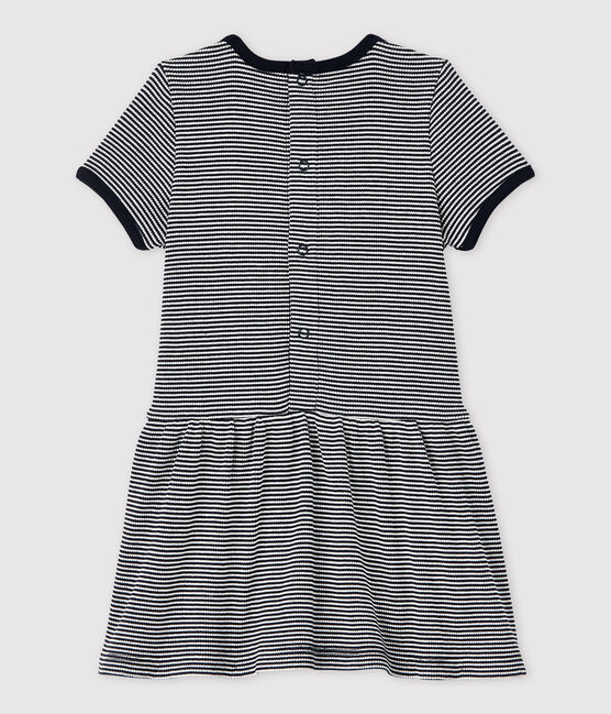 Baby Girls' Short-Sleeved 2x2 Rib Knit Dress. SMOKING blue/MARSHMALLOW white