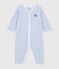 Babies' footless stripy cotton terry pyjama suit blue/ecru