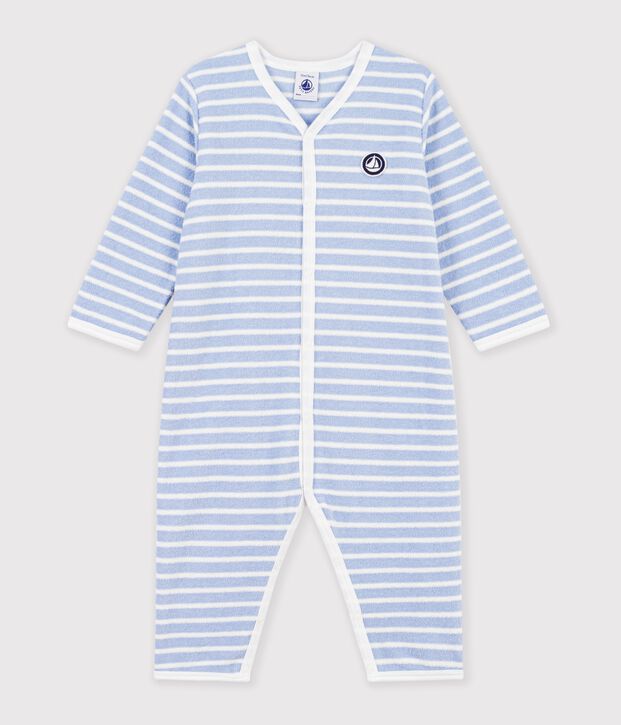 Babies' footless stripy cotton terry pyjama suit blue/ecru