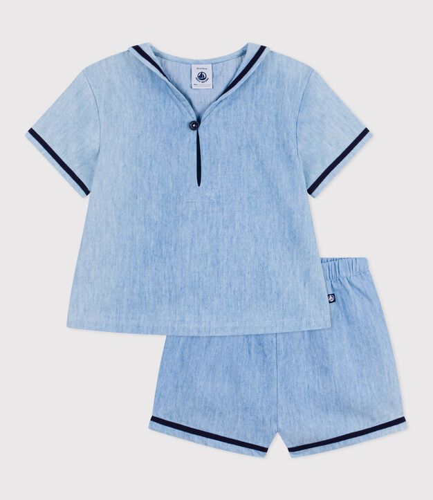 Babies' 2-piece set in chambray including a T-shirt with a sailor collar blue