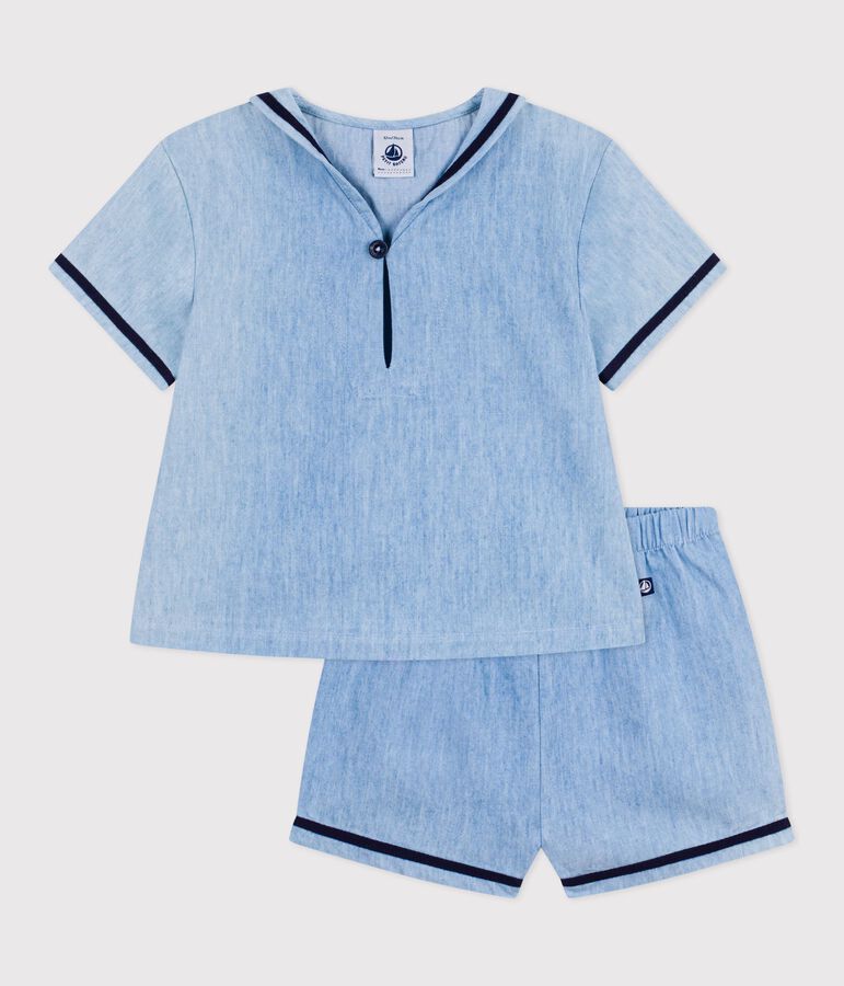 Babies' 2-piece set in chambray including a T-shirt with a sailor collar blue