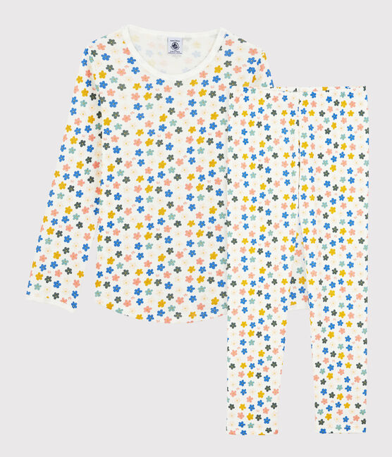 Girls' Glow-In-The-Dark Floral Floral Cotton Pyjamas MARSHMALLOW white/MULTICO white