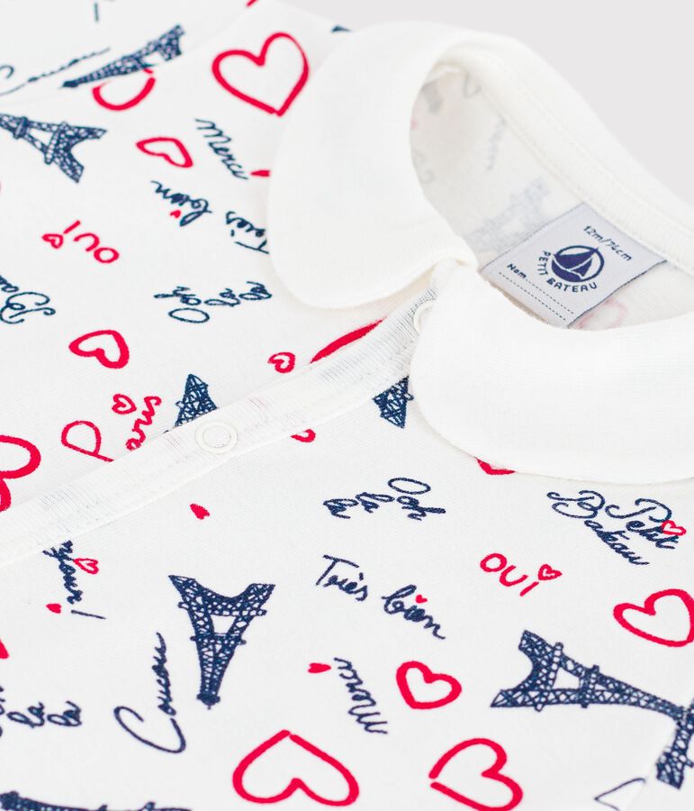 Babies' Paris print cotton playsuit with a collar white/multicolor