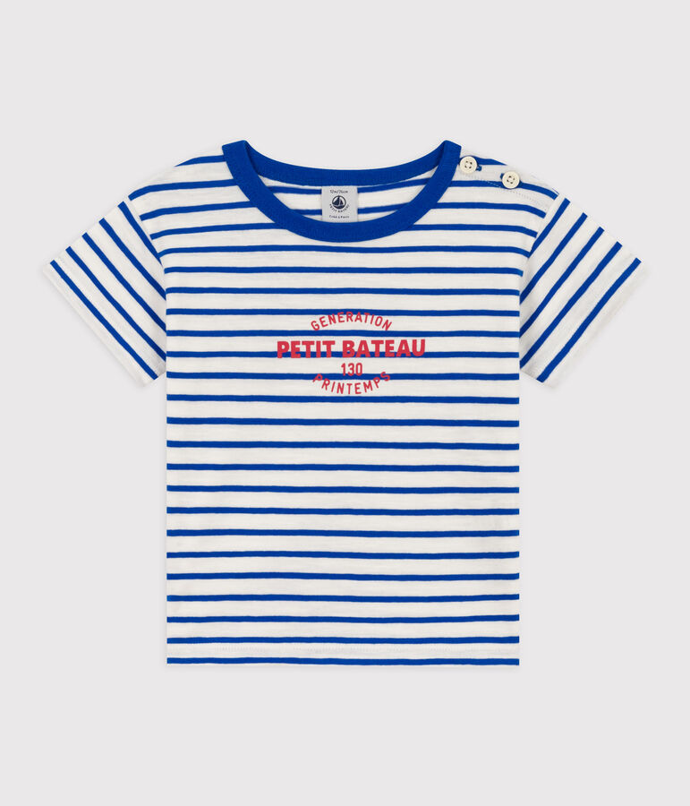 Babies' Stripy Cotton Short-Sleeved T-Shirt white/blue