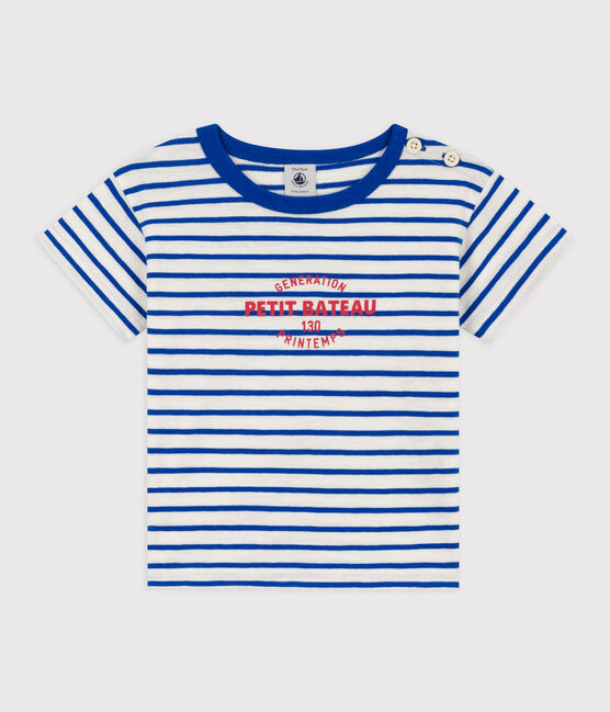 Babies' Stripy Cotton Short-Sleeved T-Shirt MARSHMALLOW white/PERSE blue