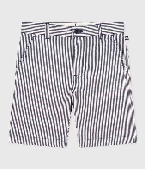 Boys' Stripy Cotton Bermuda Shorts MEDIEVAL blue/MARSHMALLOW white