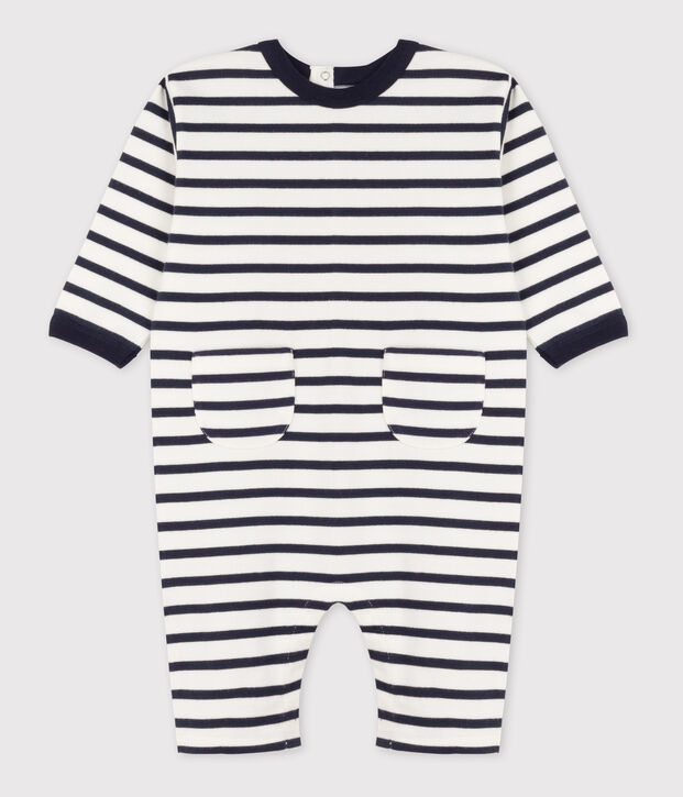 Babies' Thick Jersey Stripy Breton Jumpsuit white/blue