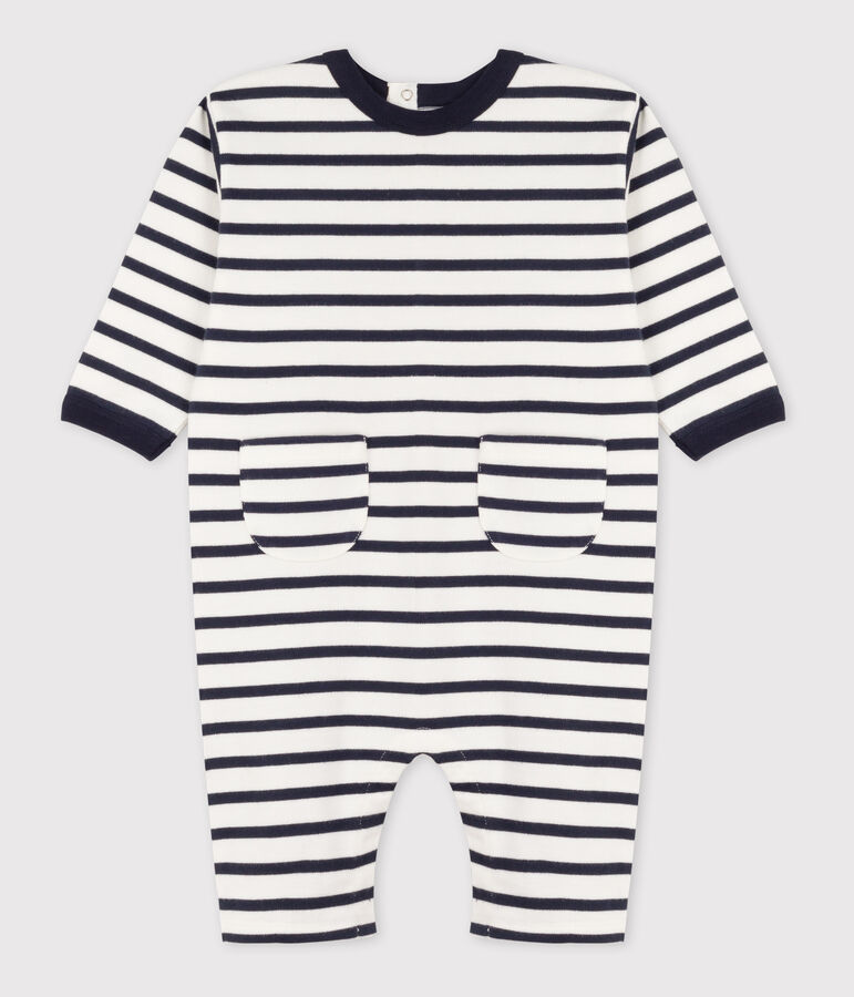 Babies' Thick Jersey Stripy Breton Jumpsuit white/blue